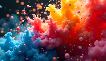 Colorful abstract smoke cloud with floating spheres on dark backdropの写真素材