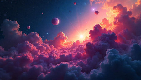Dreamlike space scene with colorful clouds and planetsの写真素材