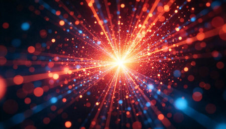 Abstract light explosion with radial lines and blurred particles