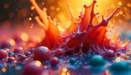 Abstract splash of liquid with vibrant spheres and bokeh lightsの写真素材