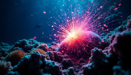 Underwater explosion of vibrant pink light illuminating coral reefs