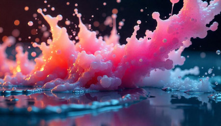 Abstract colorful liquid splash with bubbles reflected in water