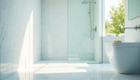 Bright and modern bathroom interior design featuring a walk-in showerの写真素材
