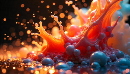 Abstract liquid splash with vibrant colors and bokeh effect