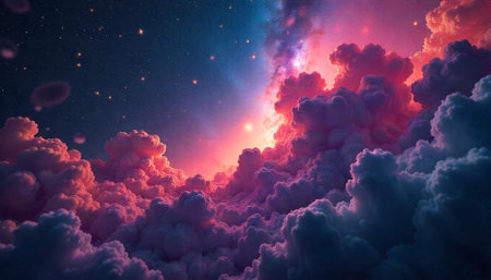 Vibrant clouds and starry sky create a celestial dreamscapeの写真素材