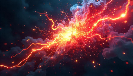 Dramatic explosion with lightning bolts amidst smoky clouds