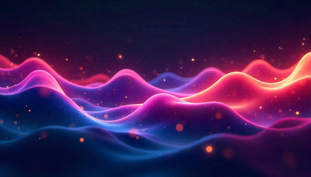 Abstract colorful waves with glowing particles and dark background