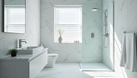 Bright modern bathroom interior with marble tiles and showerの写真素材