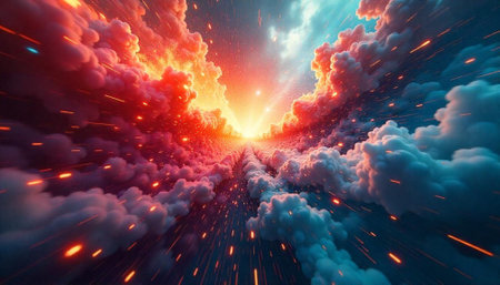 Abstract cloudscape with dynamic light streaks in vivid colors