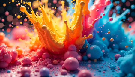Vibrant colorful splash of paint for abstract background designsの写真素材