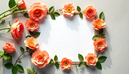 Peach roses and leaves frame with white copy space