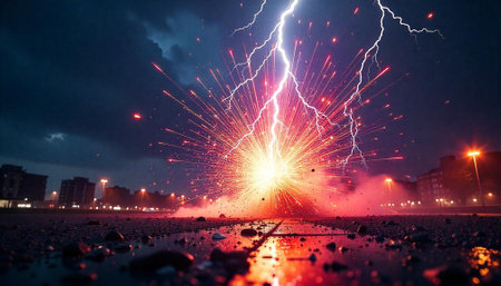 Electric Storm Bursting Over Cityscape with Reflective Puddles