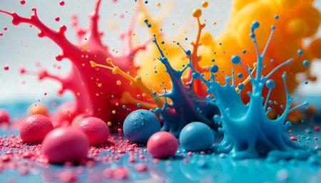 Colorful paint explosion with spherical candies on a glossy surface