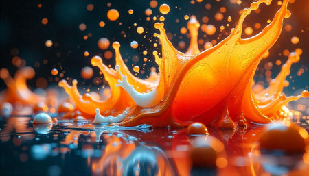 Orange liquid splash with drops against a dark backgroundの写真素材