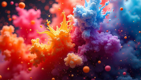 Abstract colorful explosion background with balls and smoke elementsの写真素材