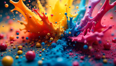 Colorful paint explosion with floating spheres and powder particlesの写真素材