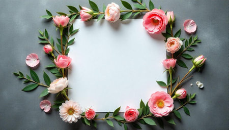 Pink floral frame with blank white card on grayの写真素材
