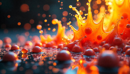 Abstract liquid splash with orange and red glowing spheres