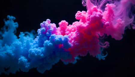 Abstract pink and blue smoke cloud against black backgroundの写真素材