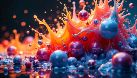 Colorful spheres and liquid splash with vibrant abstract designの写真素材
