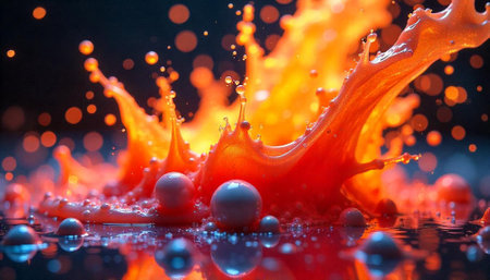 Abstract vibrant fluid splash with floating spheres and bokehの写真素材