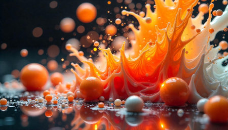 Abstract orange splash with spheres on reflective surfaceの写真素材