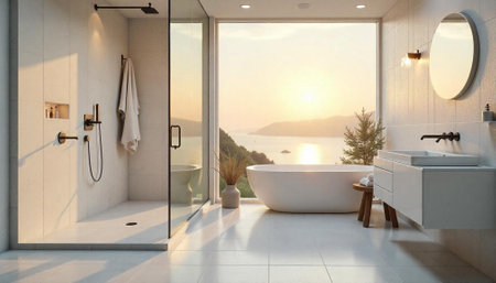 Luxury modern bathroom interior with ocean view at sunsetの写真素材