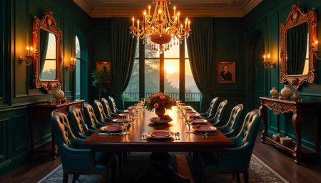 Elegant formal dining room at sunset with long tableの写真素材