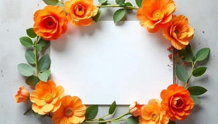 Floral Frame of Orange Flowers Surrounding White Rectangle Cardの写真素材