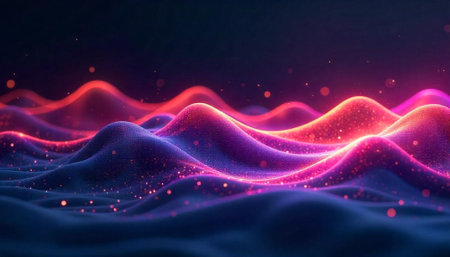 Abstract wavy landscape with glowing particles and vibrant colorsの写真素材