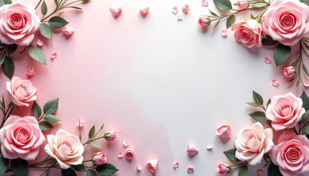 Romantic pink rose floral border with elegant blank spaceの写真素材