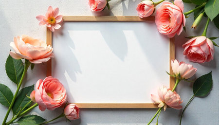 Blank frame surrounded by peach roses and petals designの写真素材
