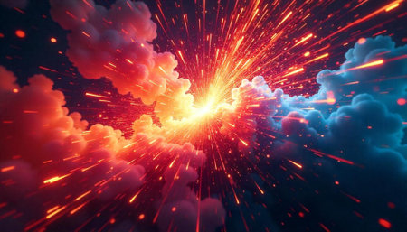 Abstract explosion with fiery streaks and smoky clouds