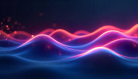Abstract smooth waves with glowing neon lights background imageの写真素材