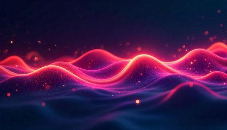 Abstract Glowing Waves with Sparkling Particles on Dark Backgroundの写真素材
