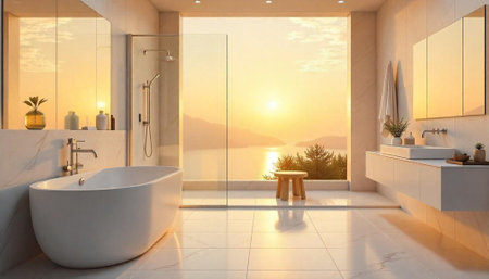 Serene modern bathroom with sunset view and natural lightの写真素材