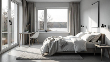 Minimalist bedroom interior with natural light and neutral tonesの写真素材