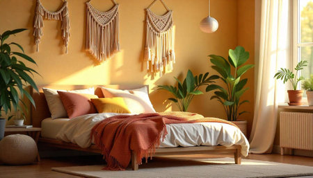 Cozy bedroom with warm tones and boho decorations