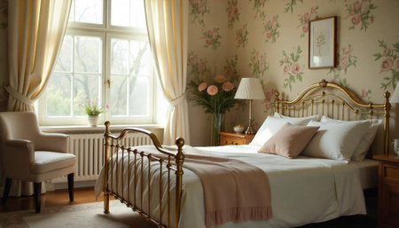 Elegant vintage bedroom interior with gold bed frame and floral wallpaperの写真素材
