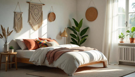 Sunlit bedroom interior with natural textures and bohemian decor