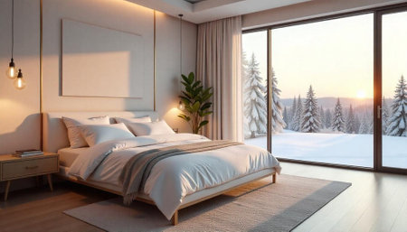 Elegant bedroom with winter view evokes calm and serenityの写真素材