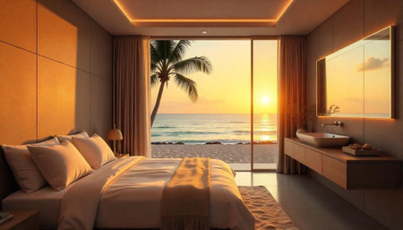 Luxury beach view hotel room with sunset and palm