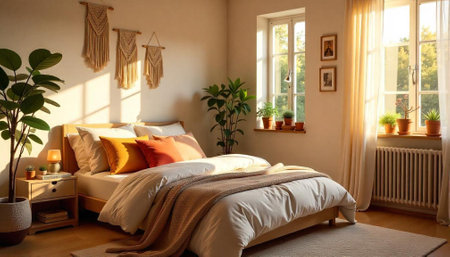 Warm and cozy bedroom interior with natural sunlight and plantsの写真素材