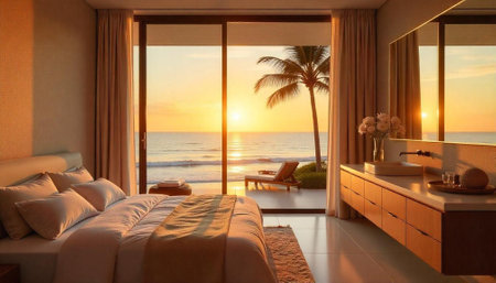 Luxury Bedroom with Ocean View at Sunset for Serenityの写真素材