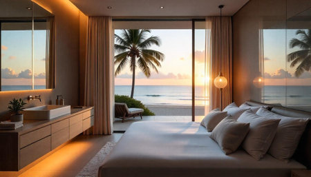 Luxury beachfront bedroom with sunrise view and modern designの写真素材