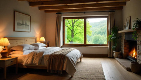 Cozy bedroom interior with fireplace and nature viewの写真素材