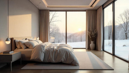 Cozy bedroom with winter landscape view at sunrise