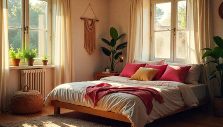 Cozy and bright bedroom interior with natural lightの写真素材