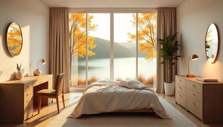 Serene bedroom interior with nature view and warm tonesの写真素材