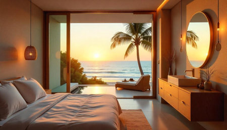 Luxurious beachside bedroom with sunrise and ocean view